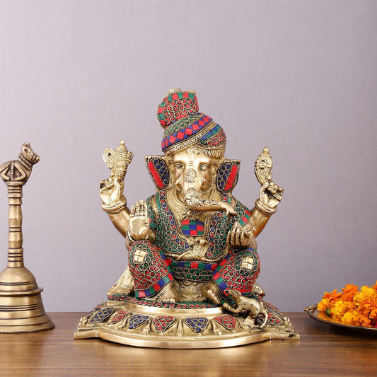 Brass Superfine Handcrafted Lord Ganesha Idol with Pagadi - 11" Meenakari Stonework - Sama Homes Idol - Brass Sculpture