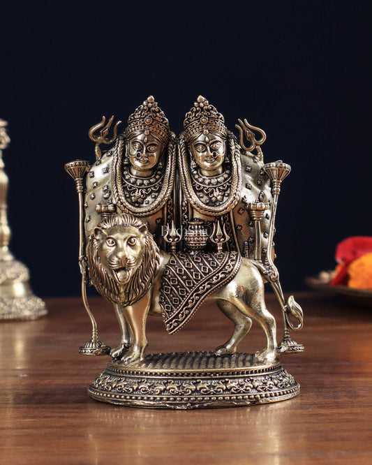 Brass Superfine Intricate Kaila Devi Chamunda Mata on Lion Idol 4.5" - Sama Homes Idol - Brass Sculpture