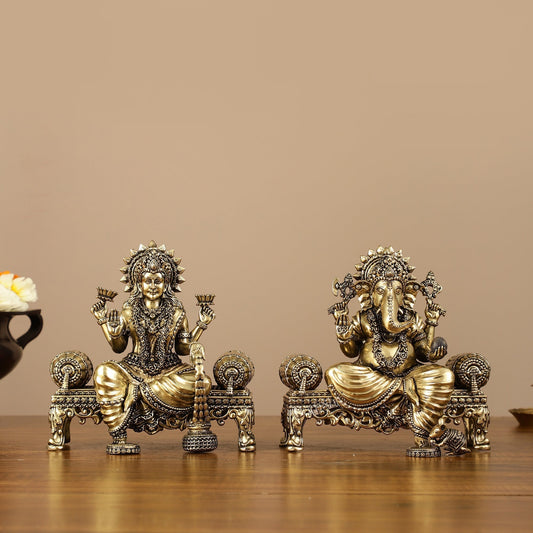 Brass Superfine Intricate Lightweight Ganesha Lakshmi Pair - 5.5" - Sama Homes Idol - Brass Sculpture
