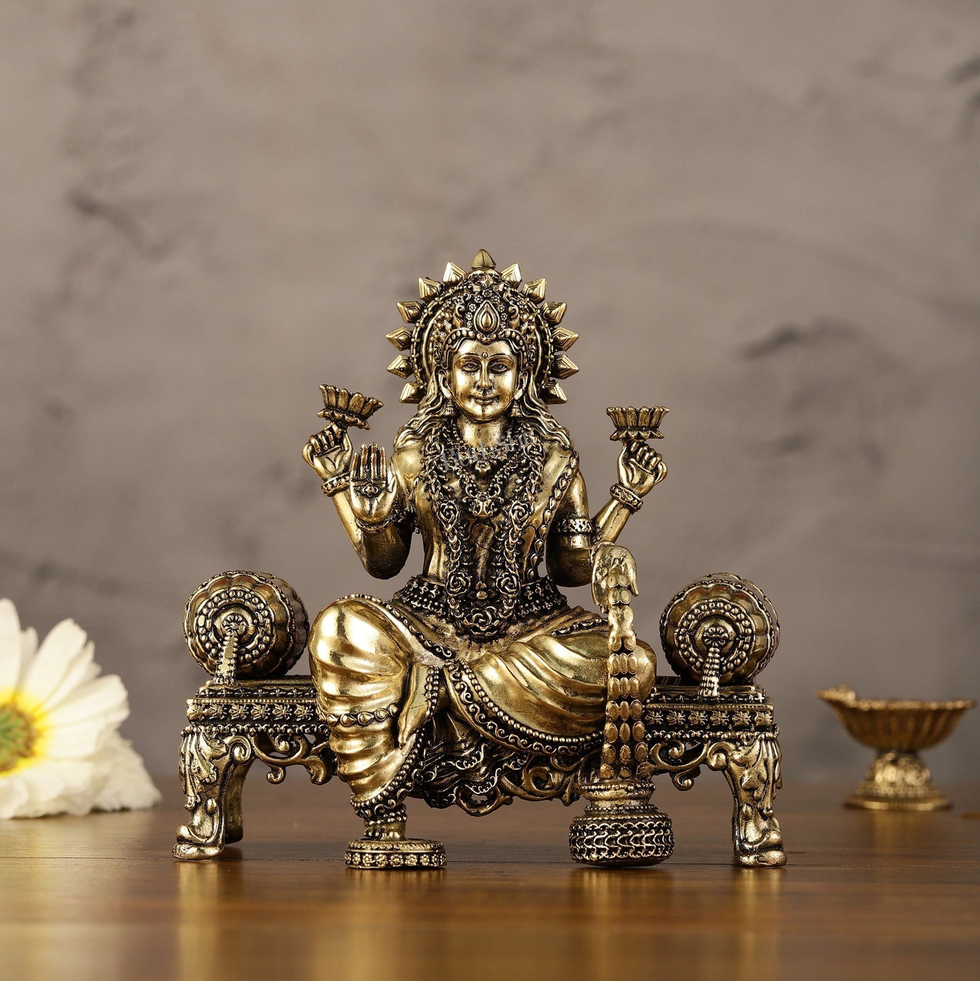Brass Superfine Intricate Lightweight Goddess Lakshmi Idol - 5.5" - Sama Homes Idol - Brass Sculpture - Eco-friendly - Sama Homes