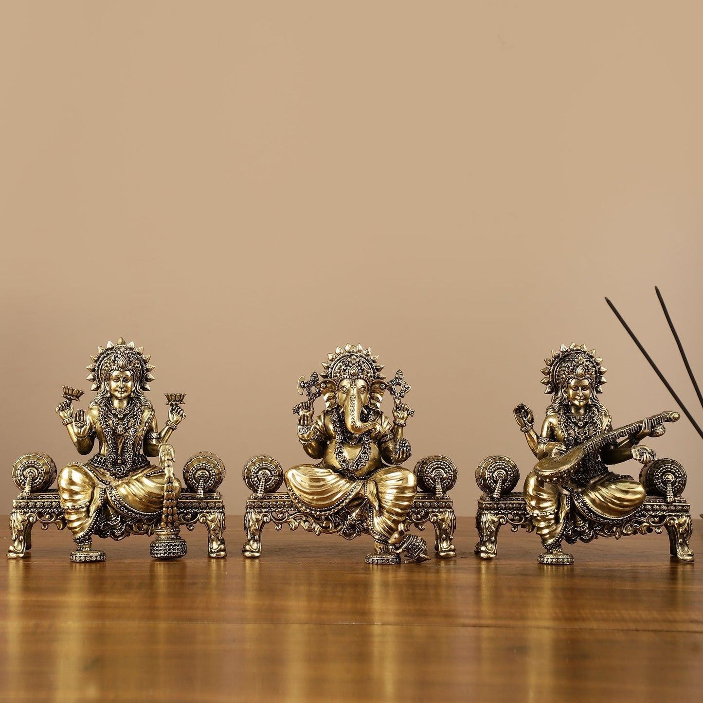 Brass Superfine Intricate Lightweight Idols - Ganesha, Saraswati, Lakshmi | 5.5" - Sama Homes Idol - Brass Sculpture