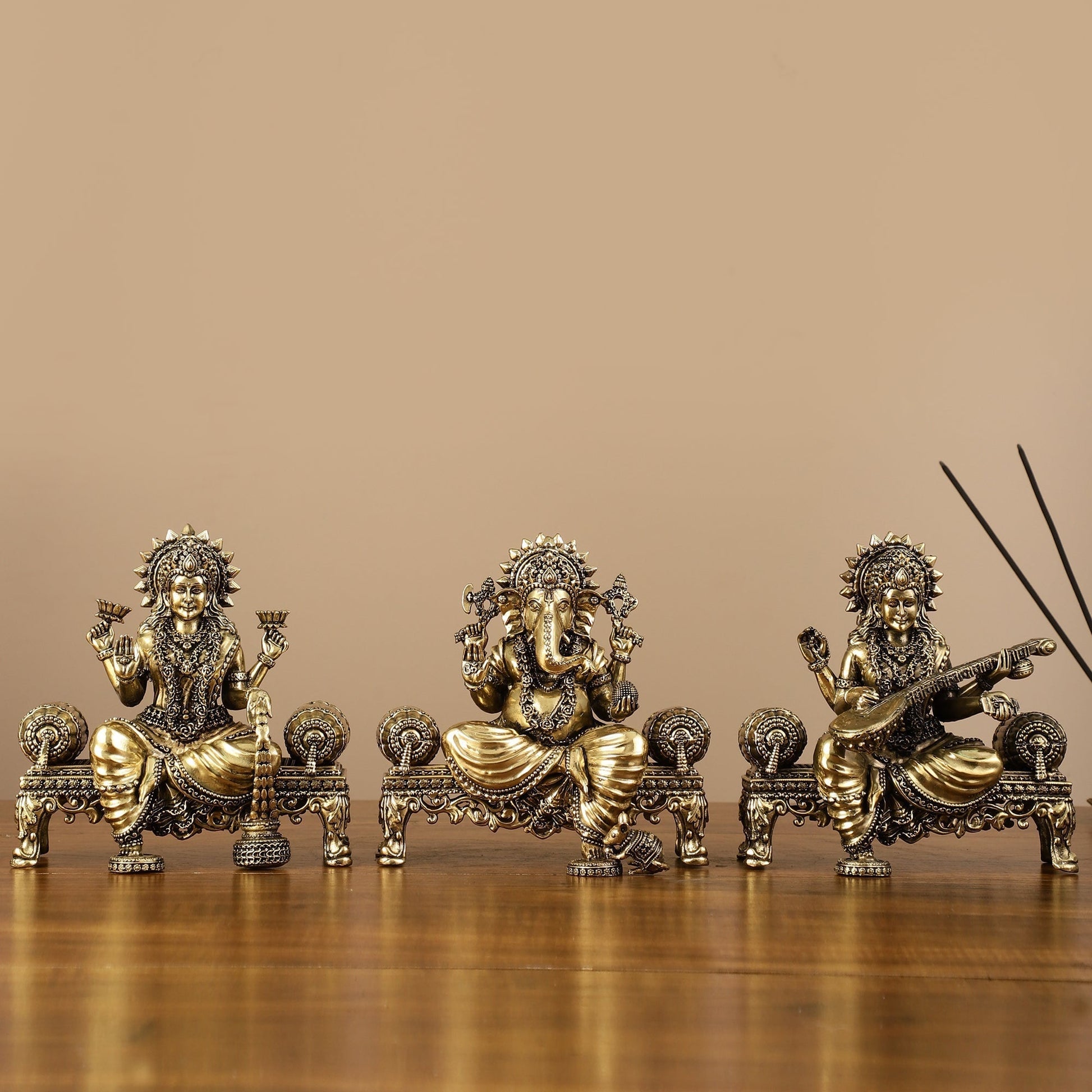 Brass Superfine Intricate Lightweight Idols - Ganesha, Saraswati, Lakshmi | 5.5" - Sama Homes Idol - Brass Sculpture - Eco-friendly - Sama Homes