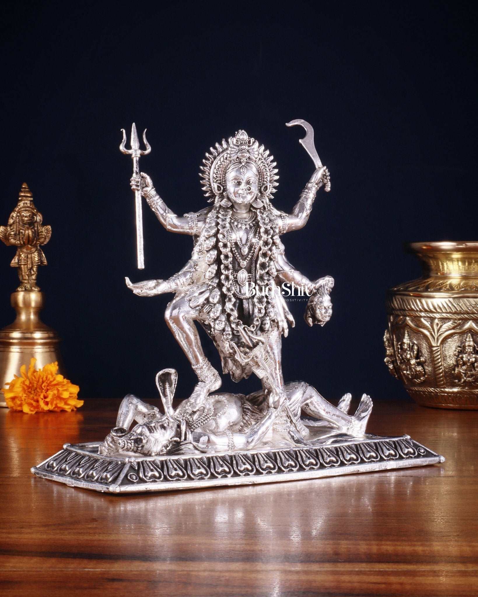 Brass Superfine Intricate Mahakali Idol | 6.5" silver plated - Sama Homes Idol - Brass Sculpture - Eco-friendly - Sama Homes