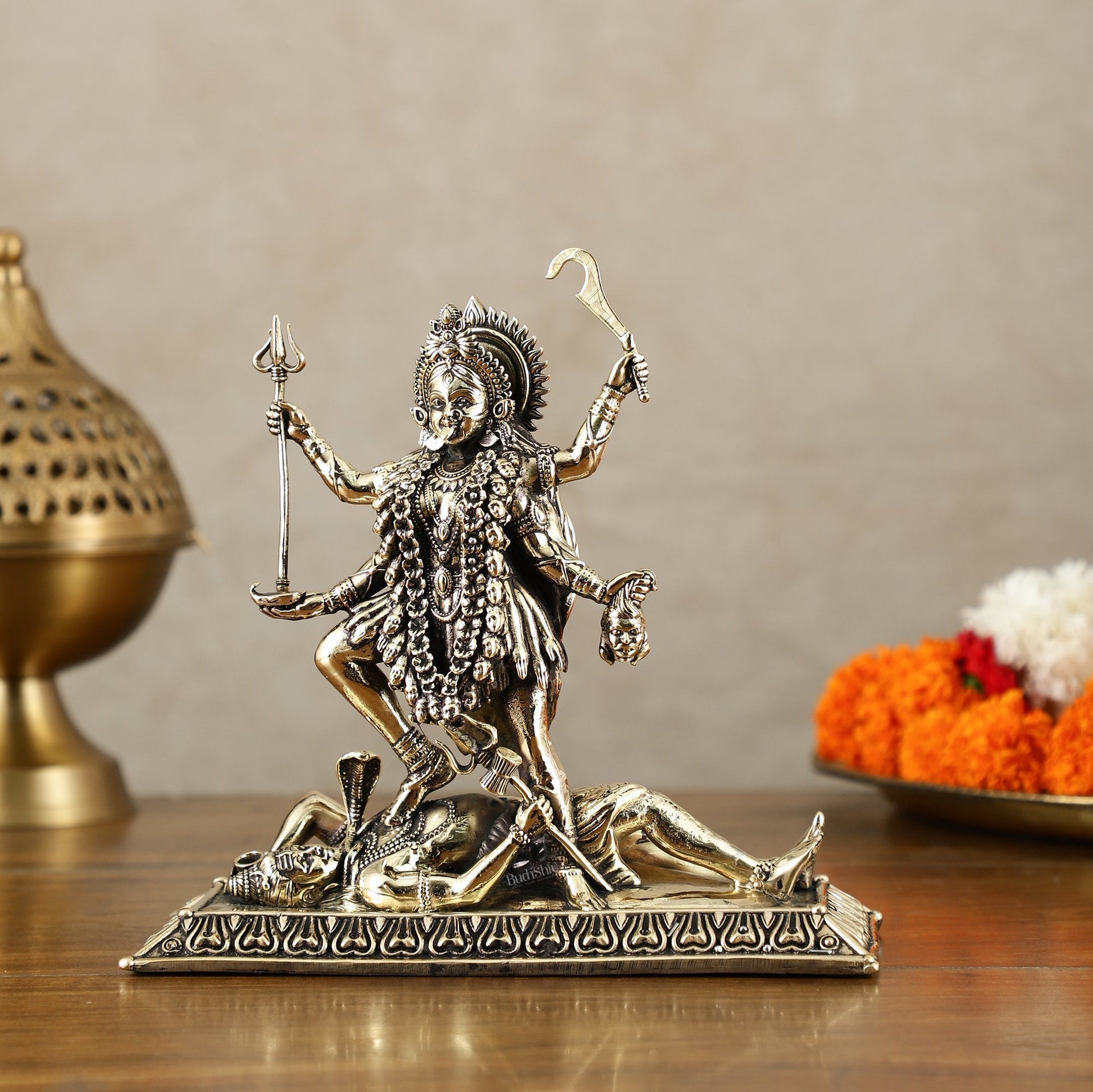 Brass Superfine Intricate Mahakali Idol | 6.5" - Sama Homes Idol - Brass Sculpture - Eco-friendly - Sama Homes