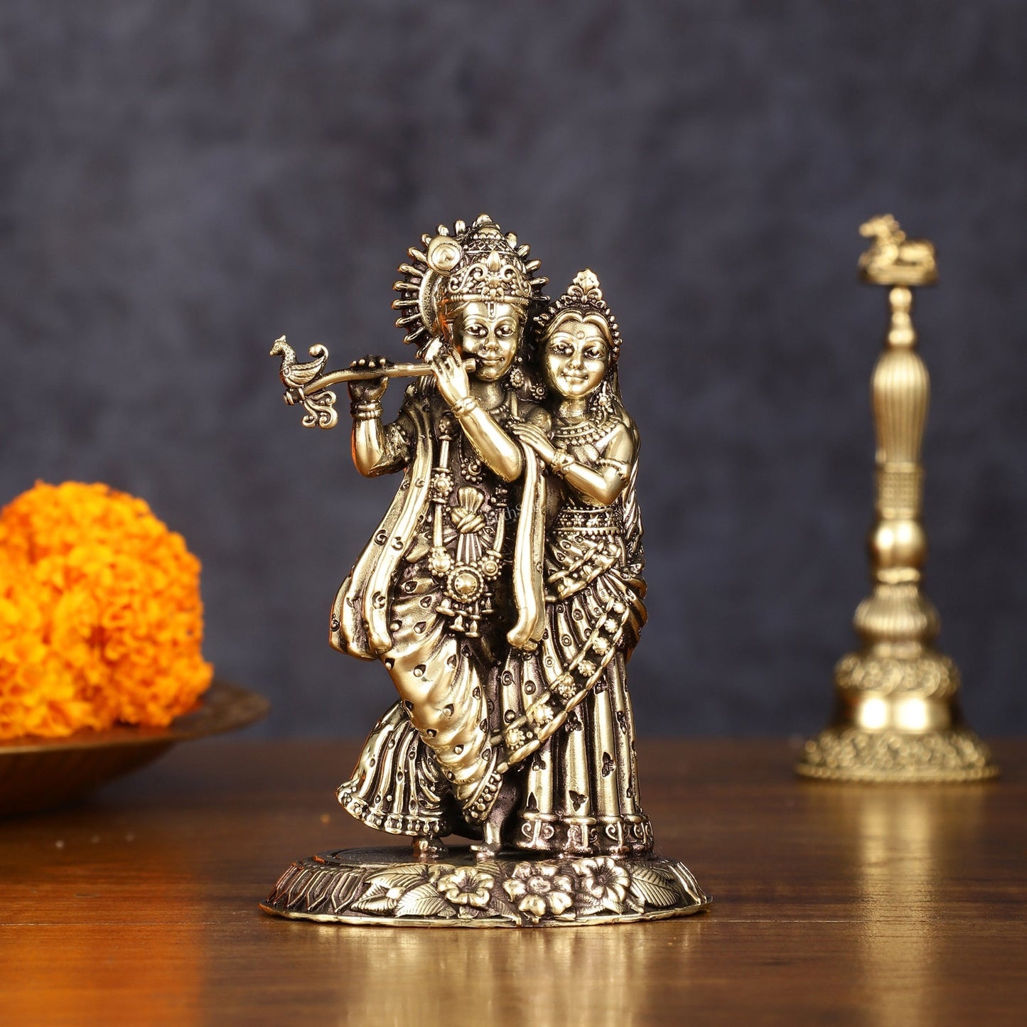 Brass Superfine Intricate Radha Krishna Idol - 4.2 Inch, Lightweight - Sama Homes Idol - Brass Sculpture