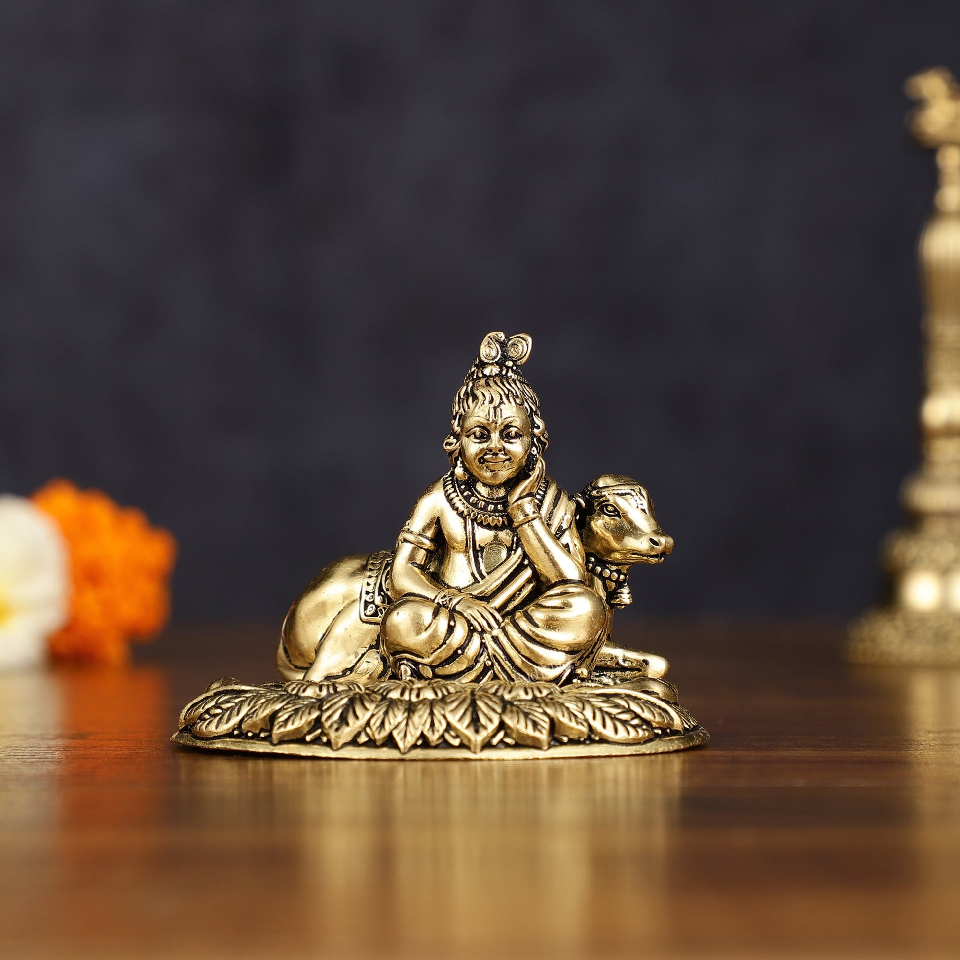 Brass Superfine Intricately Carved Bal Gopal Shri Krishna with Cow Idol - Sama Homes Idol - Brass Sculpture - Eco-friendly - Sama Homes