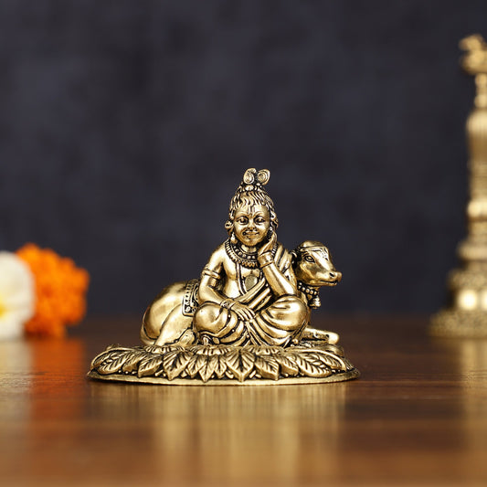 Brass Superfine Intricately Carved Bal Gopal Shri Krishna with Cow Idol - Sama Homes Idol - Brass Sculpture