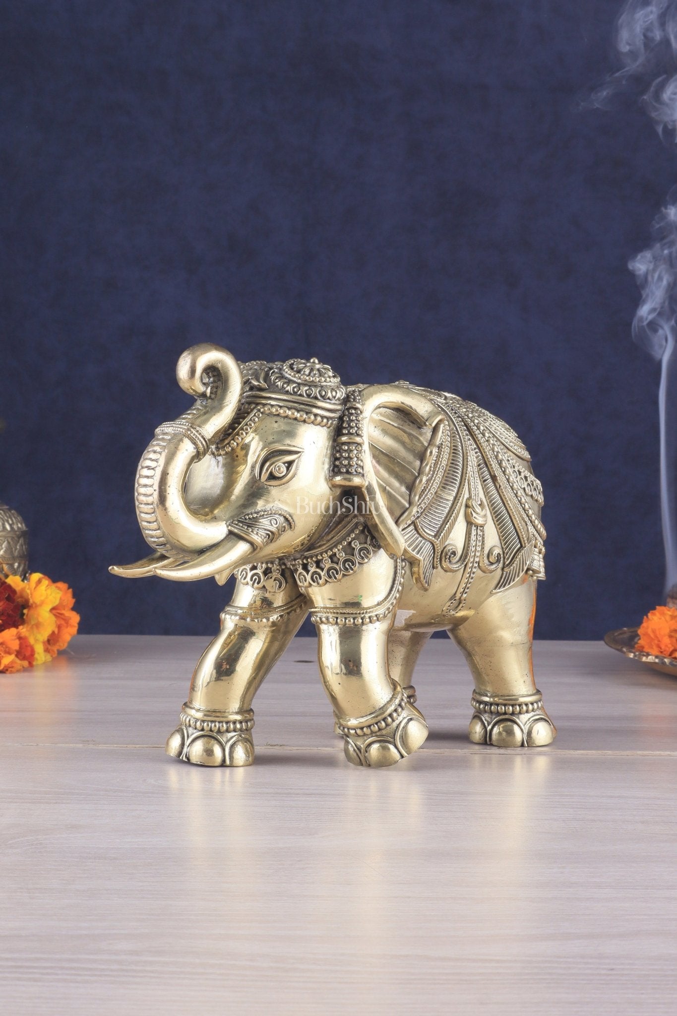 Brass Superfine Intricately Carved Elephant Statue 10" wide - Eco-friendly - Sama Homes