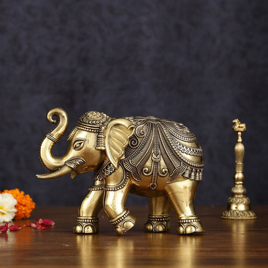 Brass Superfine Intricately Carved Elephant Statue - 6.5" - Sama Homes Idol - Brass Sculpture