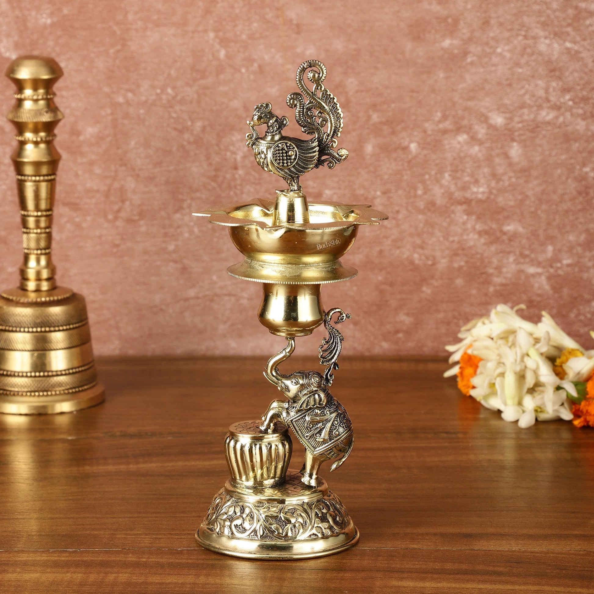 Brass Superfine Intricately Carved Jumping Elephant Peacock Lamp - 9" Tall - Eco-friendly - Sama Homes