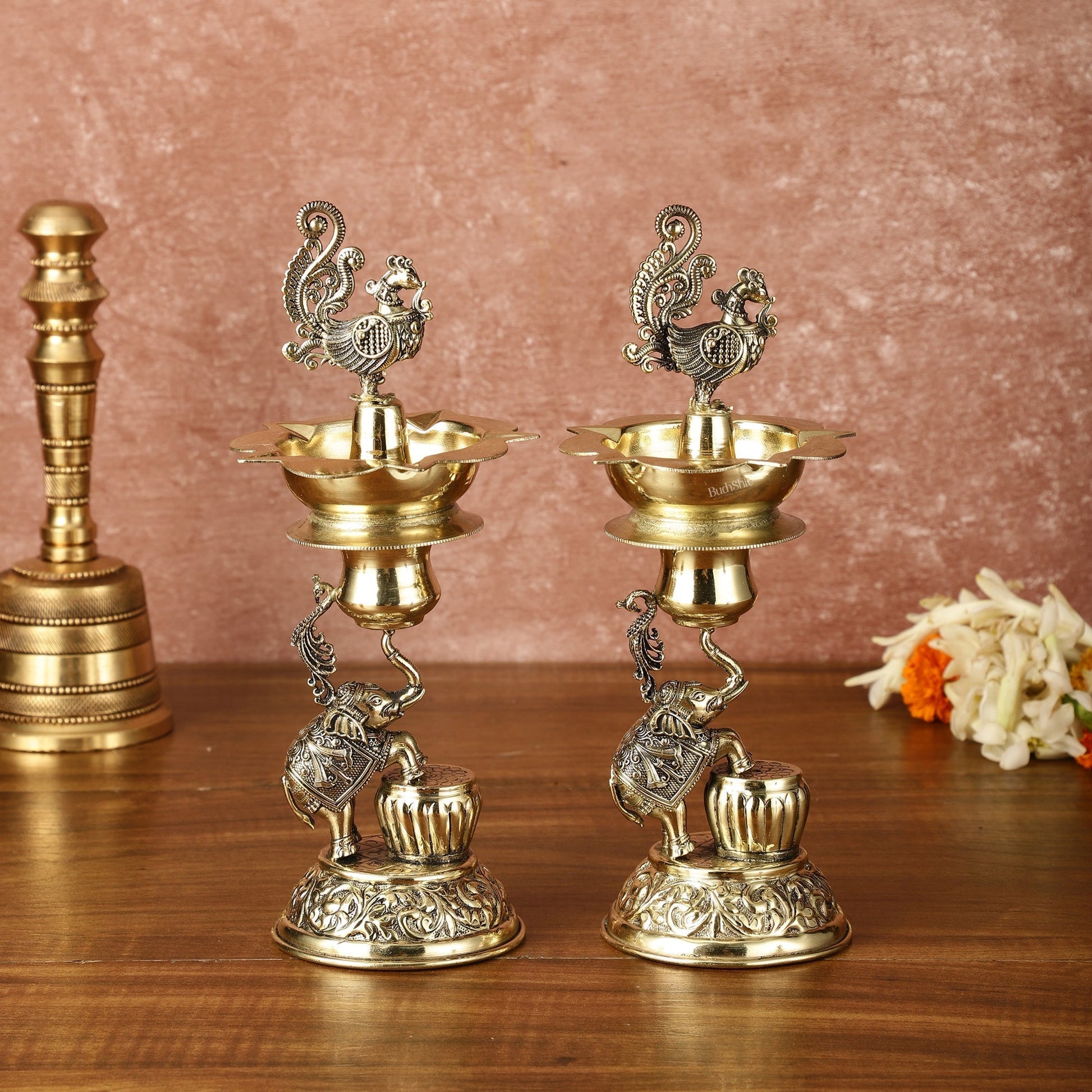 Brass Superfine Intricately Carved Jumping Elephant Peacock Lamp - 9" Tall - Eco-friendly - Sama Homes