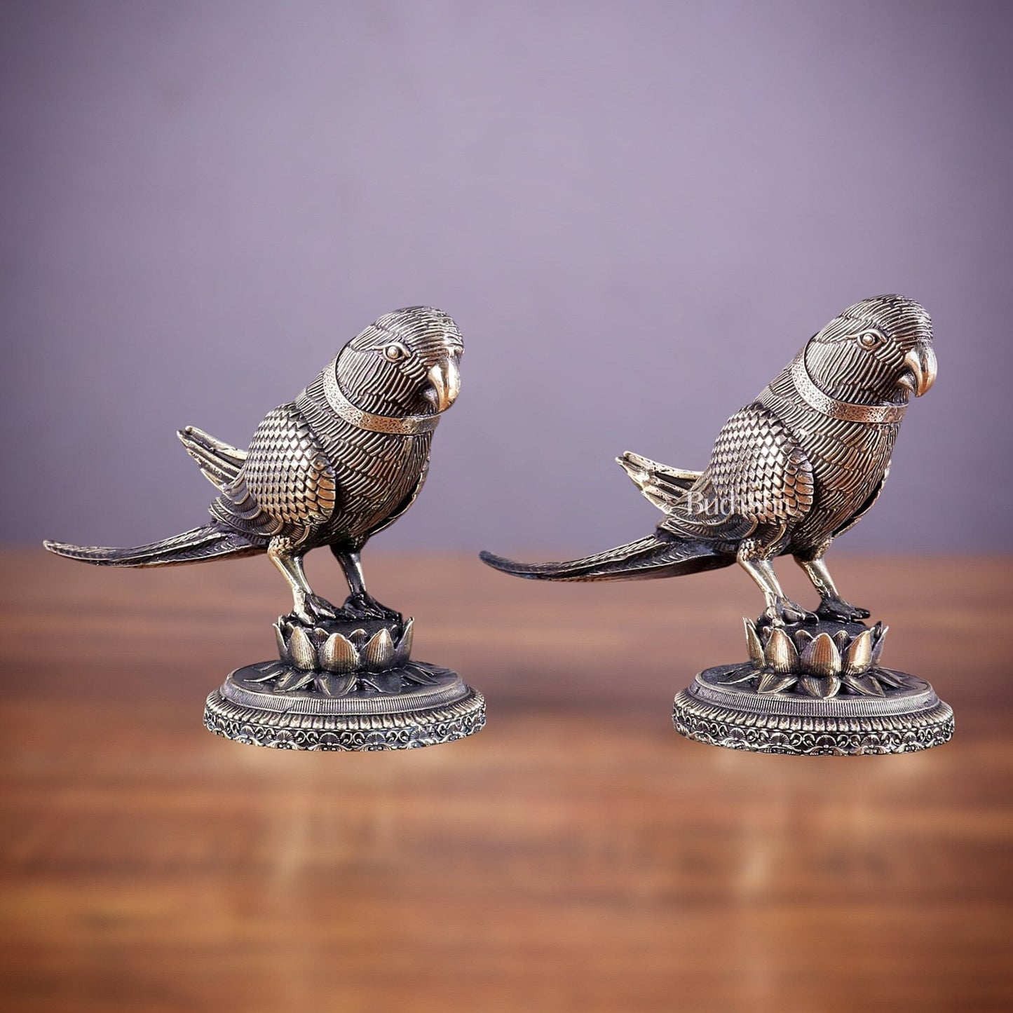 Brass Superfine Intricately Carved Parrot pair Showpiece - 4 Inch - Sama Homes Idol - Brass Sculpture
