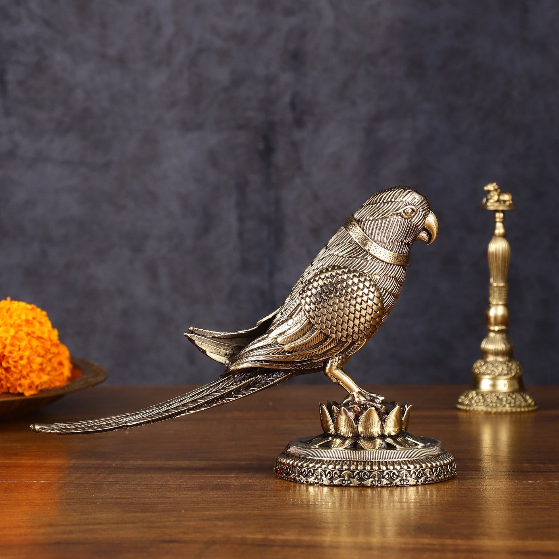 Brass Superfine Intricately Carved Parrot Showpiece - 4 Inch - Sama Homes Idol - Brass Sculpture - Eco-friendly - Sama Homes