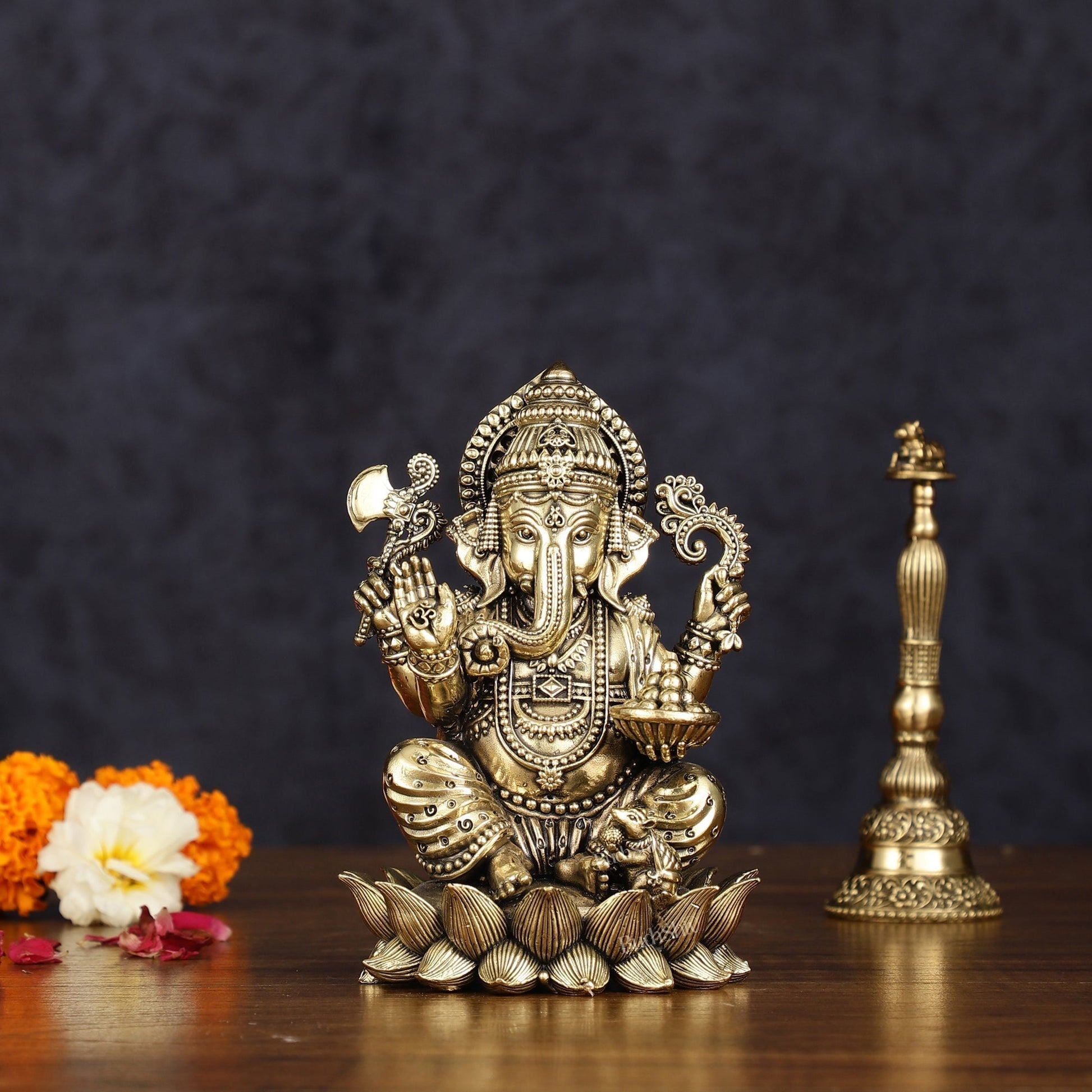 Brass Superfine Intricately Carved Small Right trunk Ganesha Idol - 5" Tall - Sama Homes Idol - Brass Sculpture - Eco-friendly - Sama Homes