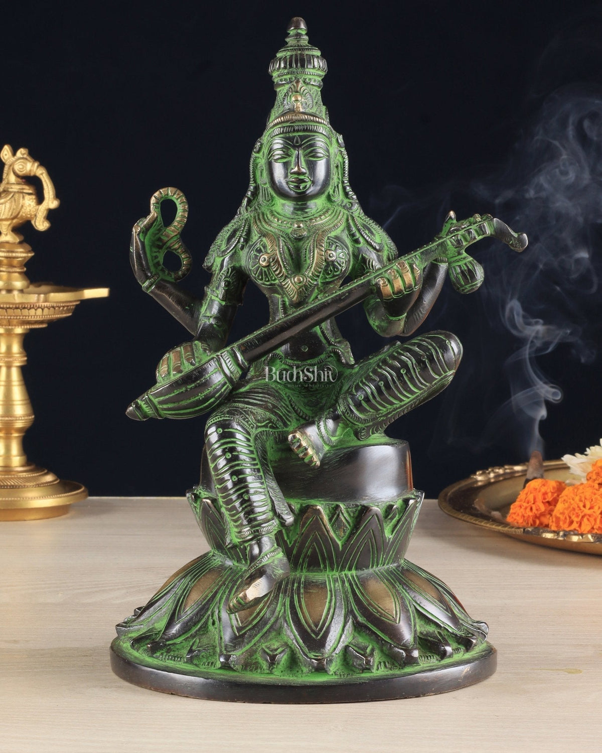 Brass Superfine Kamal Saraswati Idol - Lotus Saraswati Murti 10 Inch - Sama Homes Idol - Brass Sculpture