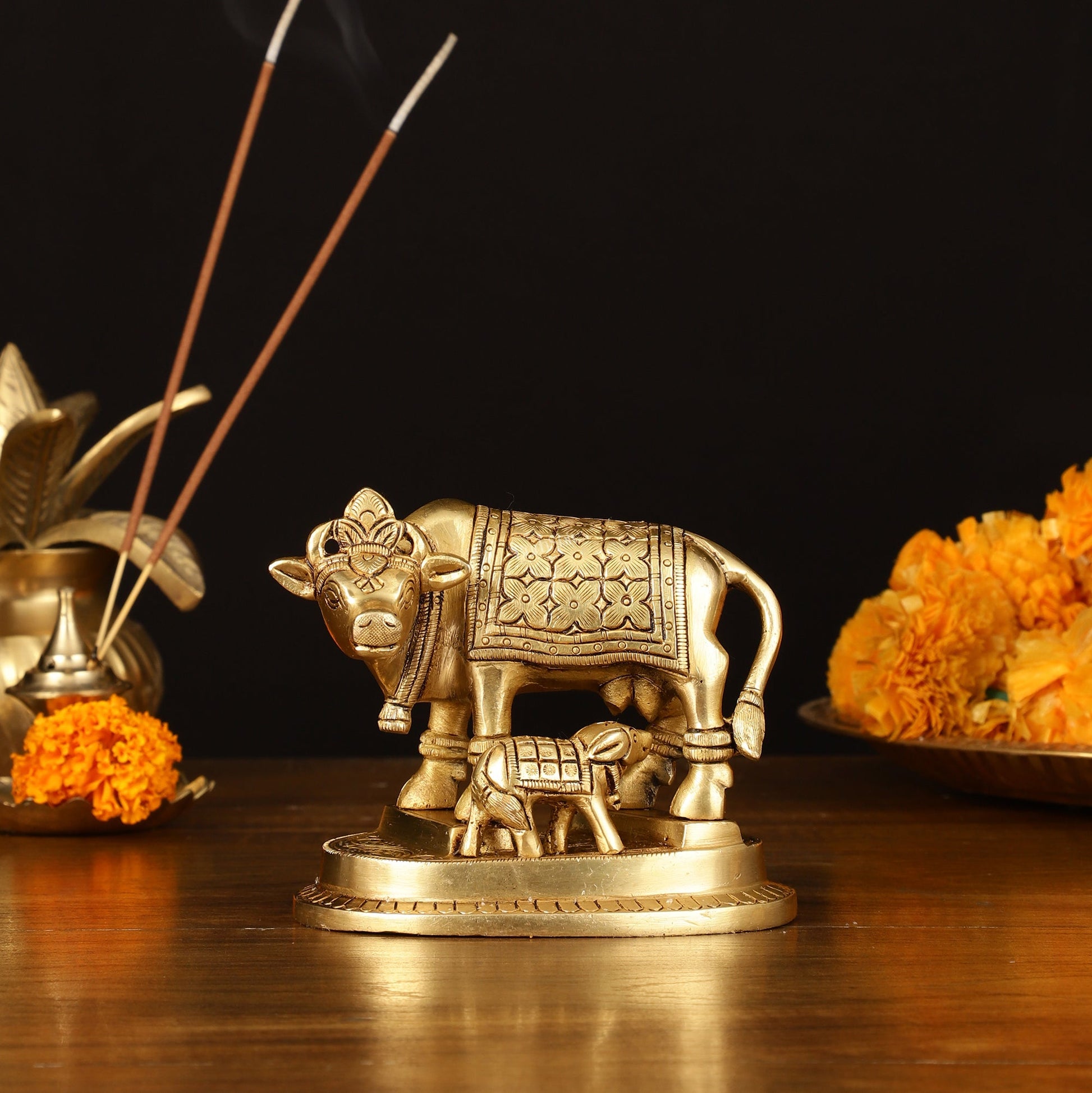 Brass Superfine Kamdhenu Cow with Calf Idol - 4" Height - Eco-friendly - Sama Homes
