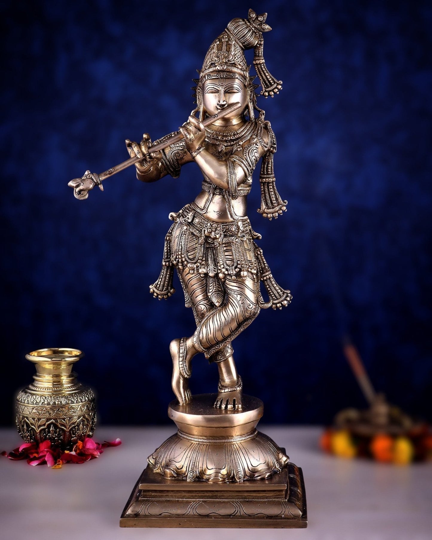 Brass Superfine Krishna Sculpture with Unique Crown & Stance - 23.5" - Sama Homes Idol - Brass Sculpture