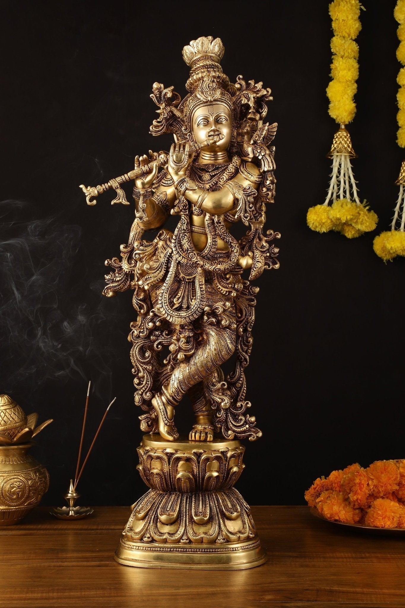Brass Superfine Krishna Statue - 30" Height, Exquisite Craftsmanship - Sama Homes Idol - Brass Sculpture - Eco-friendly - Sama Homes