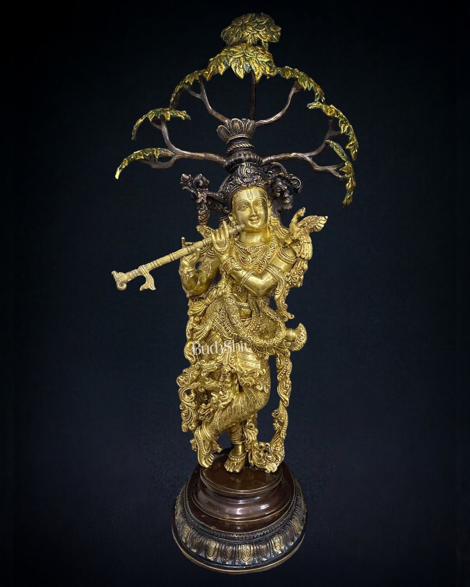 Brass Superfine Krishna under Kalpavriksha statue 35" - Sama Homes Idol - Brass Sculpture - Eco-friendly - Sama Homes