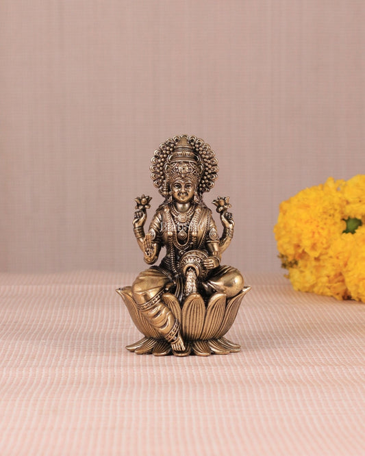Brass Superfine Lakshmi Idol - 4 Inch lotus base - Sama Homes Idol - Brass Sculpture