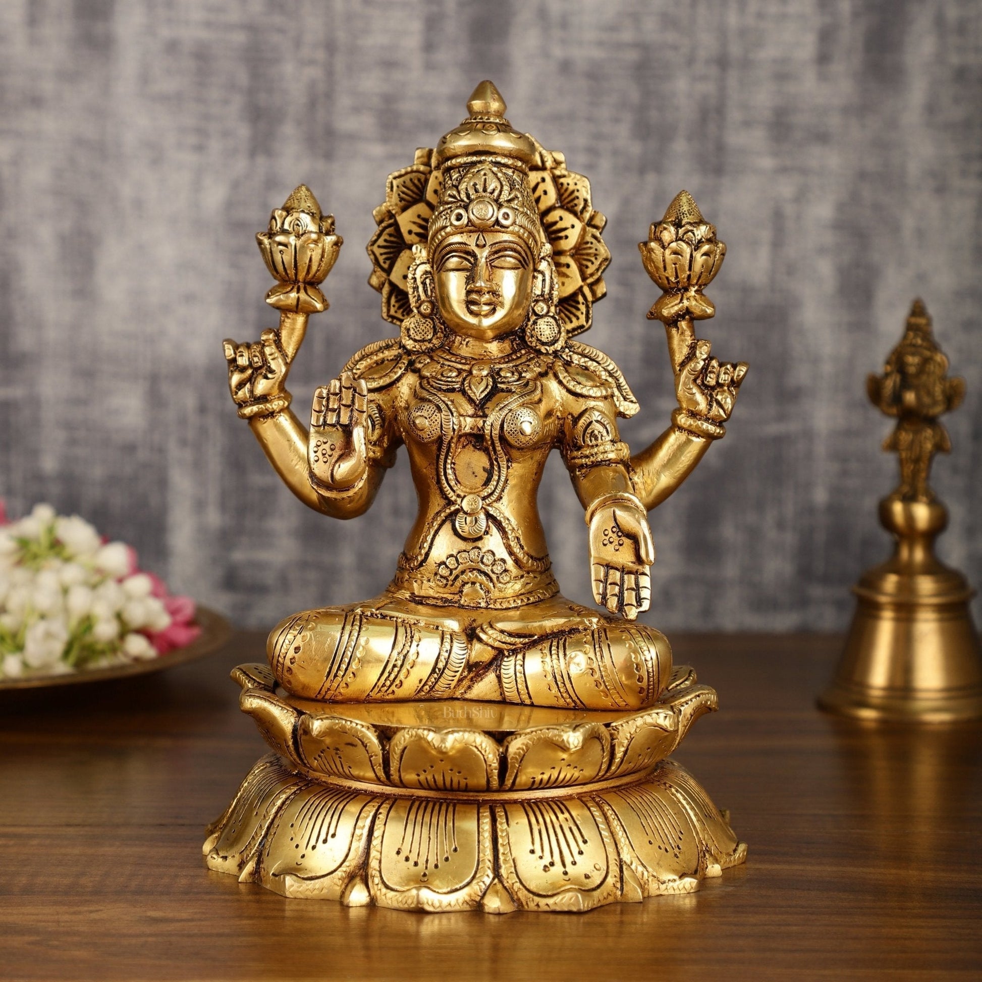 Brass Superfine Lakshmi Statue on Lotus | 9 Inch - Sama Homes Idol - Brass Sculpture - Eco-friendly - Sama Homes