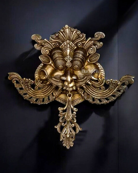 Brass Superfine Large Yali wall hanging Dragon face Nazarbattu 18" golden tone - Sama Homes Idol - Brass Sculpture