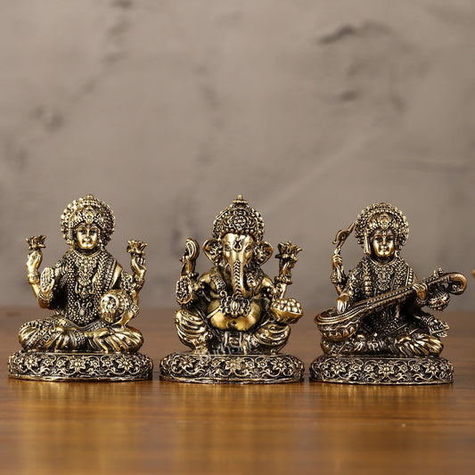 Brass Superfine Lightweight Intricate Ganesh Lakshmi Saraswati Idols - 3" - Sama Homes Idol - Brass Sculpture