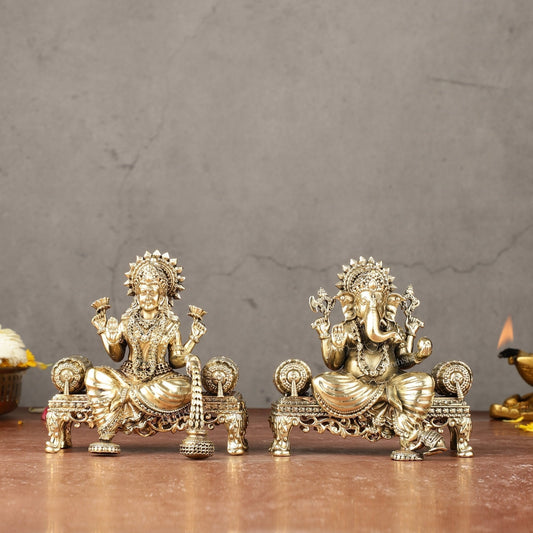 Brass Superfine Lord Ganesha and Goddess Lakshmi Idol Set | 4" - Sama Homes Idol - Brass Sculpture