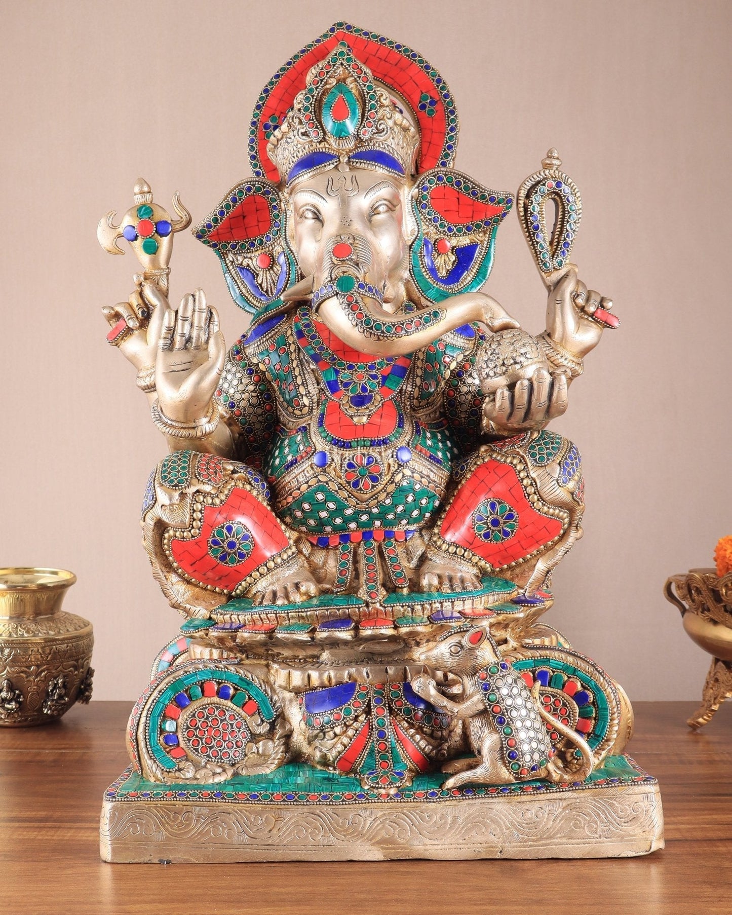 Brass Superfine Lord Ganesha Idol - 22 Inch meenakari - Sama Homes Idol - Brass Sculpture