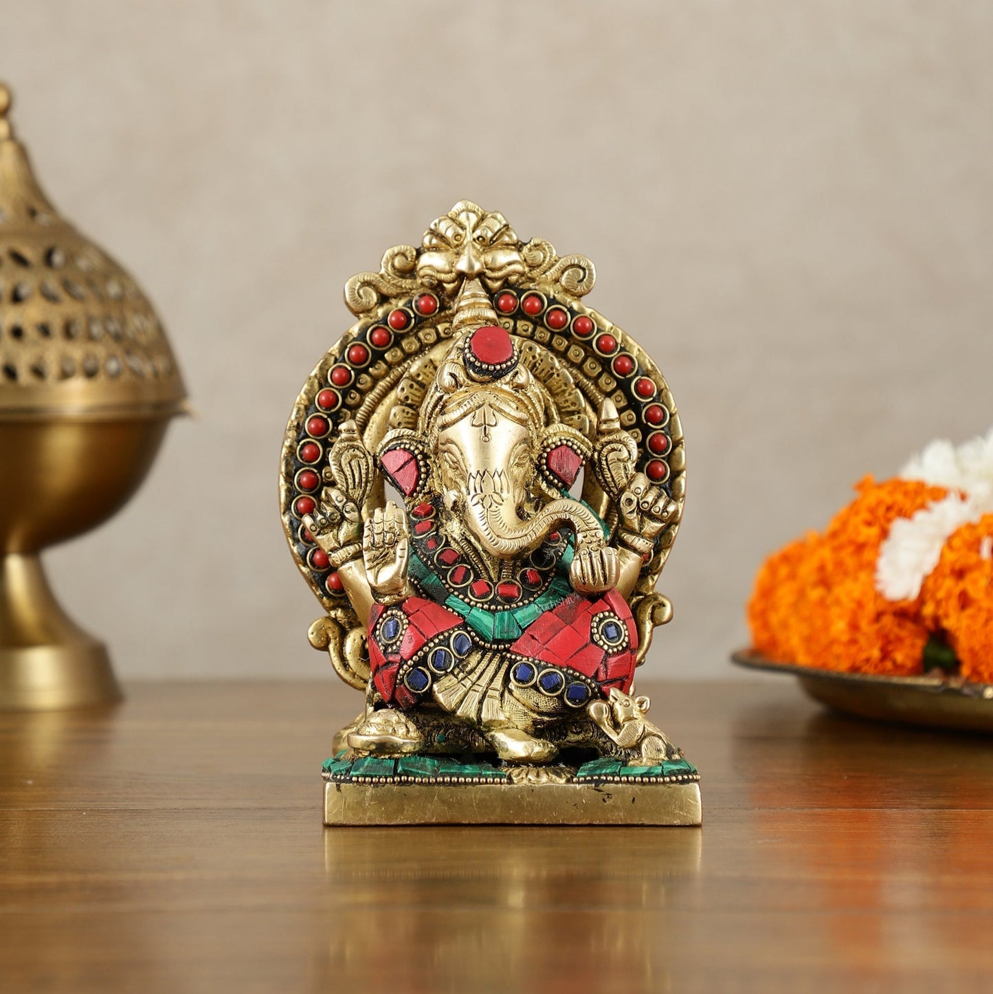 Brass Superfine Lord Ganesha idol with stonework 6" - Sama Homes Idol - Brass Sculpture