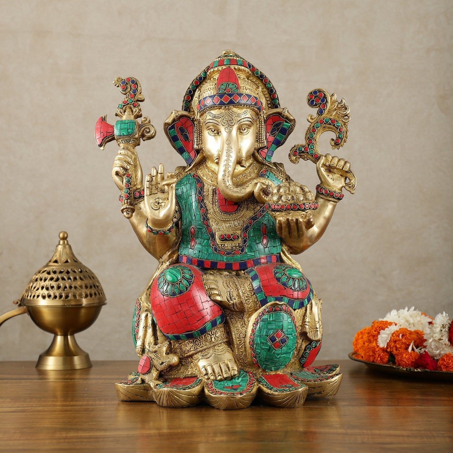 Brass Superfine Lord Ganesha Statue - 16 Inch stonework - Sama Homes Idol - Brass Sculpture