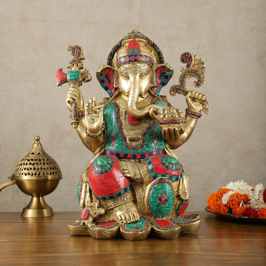 Brass Superfine Lord Ganesha Statue - 16 Inch stonework - Sama Homes Idol - Brass Sculpture