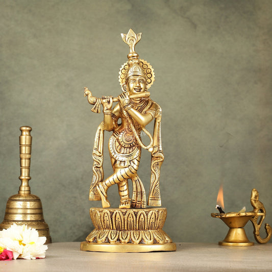 Brass Superfine Lord Krishna Idol - 12 Inch Statue - Sama Homes Idol - Brass Sculpture