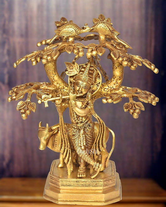 Brass superfine Lord Krishna with cow and tree idol 13 inch - Sama Homes Idol - Brass Sculpture