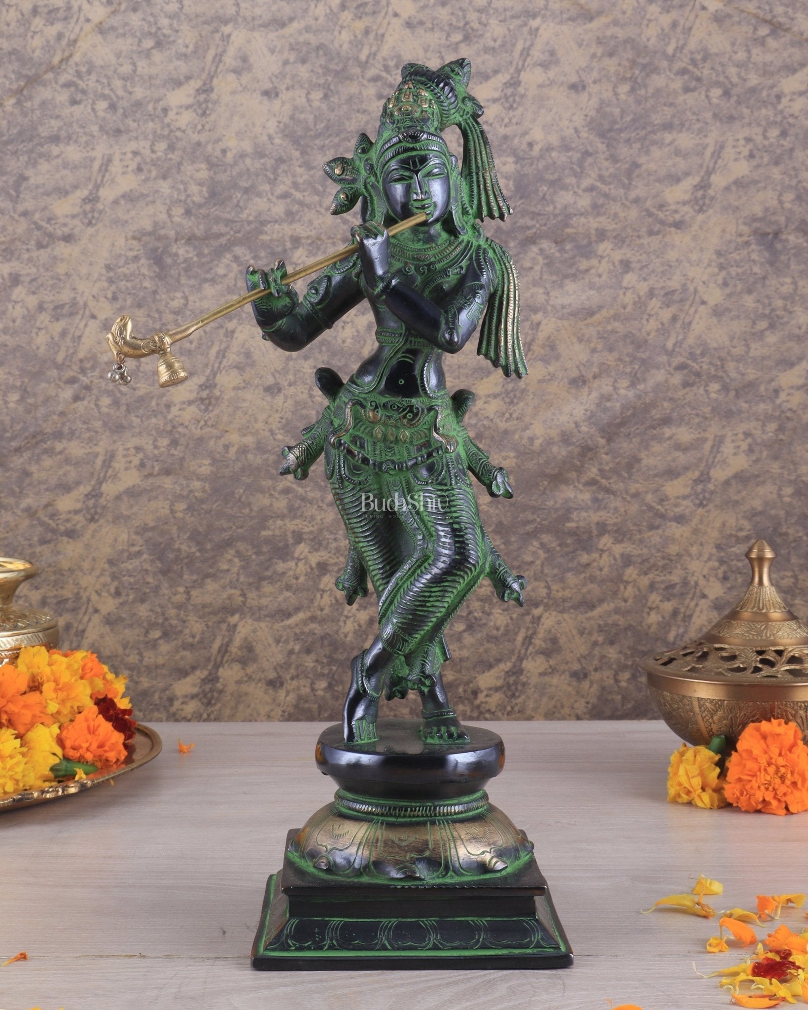 Brass Superfine Lord Krishna with Unique Crown Idol | Height: 14.5 inch black and green patina - Sama Homes Idol - Brass Sculpture - Eco-friendly - Sama Homes
