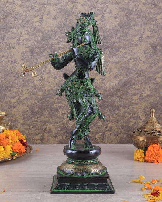 Brass Superfine Lord Krishna with Unique Crown Idol | Height: 14.5 inch black and green patina - Sama Homes Idol - Brass Sculpture