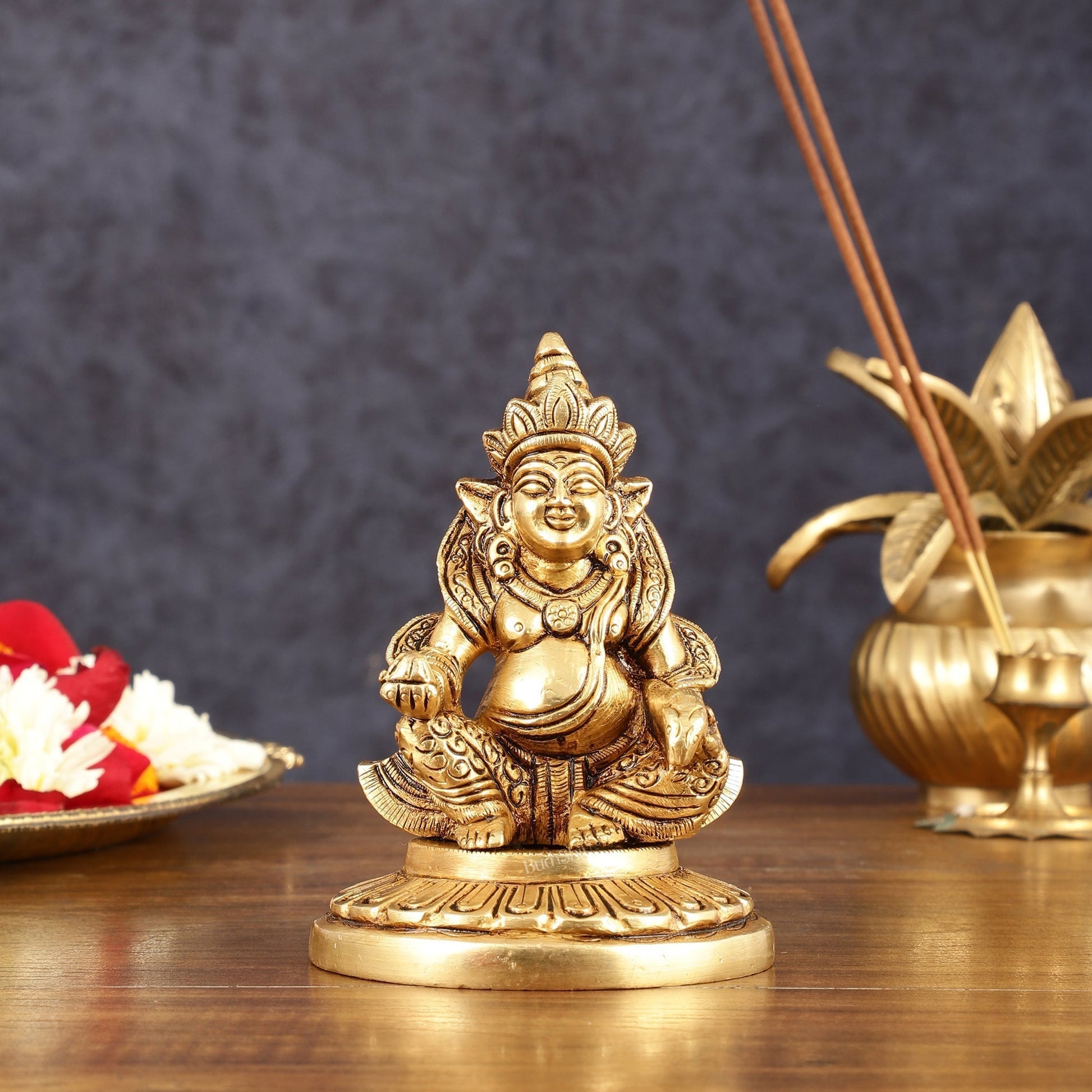 Brass Superfine Lord Kubera Idol - 4.5" Height - Sama Homes Idol - Brass Sculpture - Eco-friendly - Sama Homes