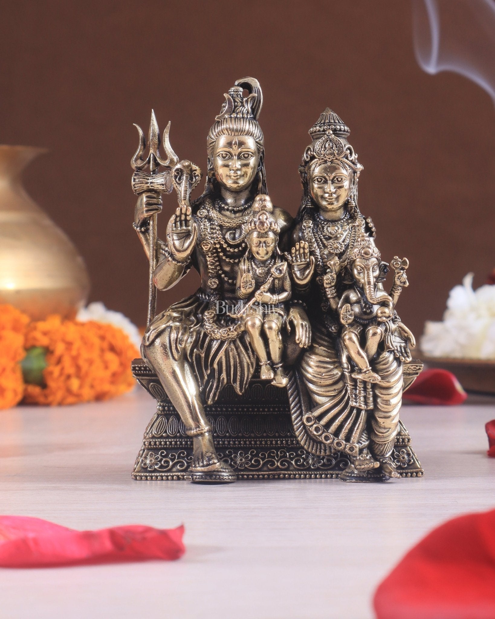 Brass Superfine Lord Shiva Family – Intricately Carved Statue 3.5" - Sama Homes Idol - Brass Sculpture - Eco-friendly - Sama Homes