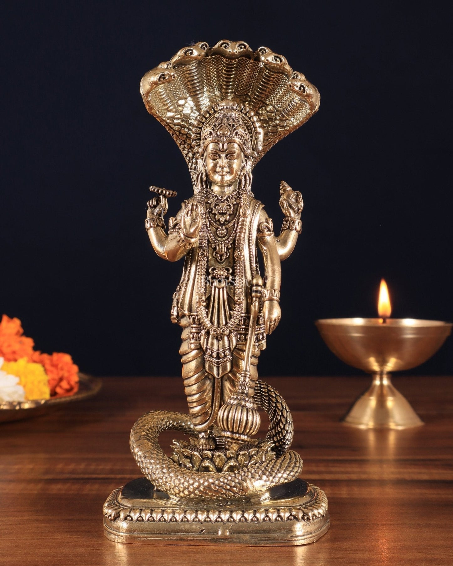 Brass Superfine Lord Vishnu Statue with Sheshanag  idol | 7.5" - Sama Homes Idol - Brass Sculpture