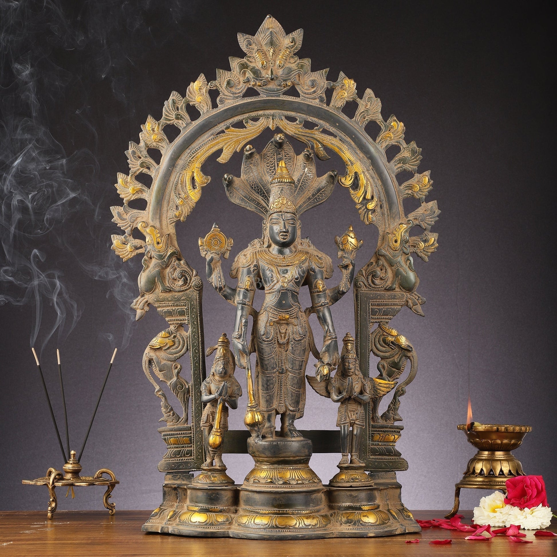 Brass Superfine Lord Vishnu with Garuda and Hanuman Idol - 24" - Sama Homes Idol - Brass Sculpture - Eco-friendly - Sama Homes