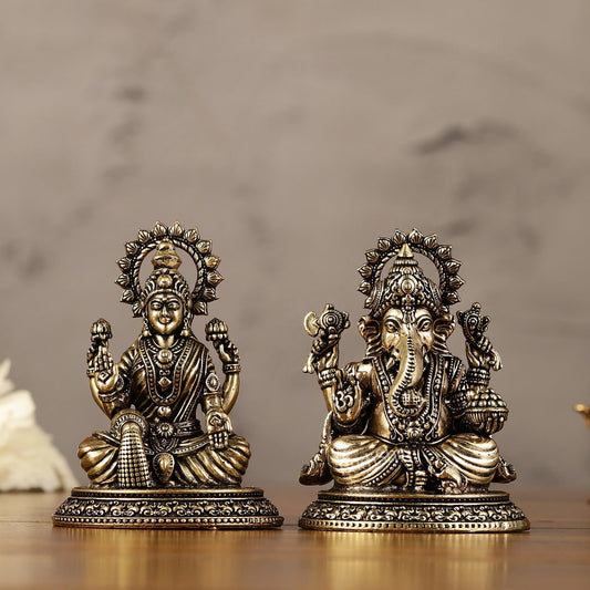 Brass Superfine Miniature Ganesha Lakshmi Duo Lightweight Idols - 3.5" | - Sama Homes Idol - Brass Sculpture