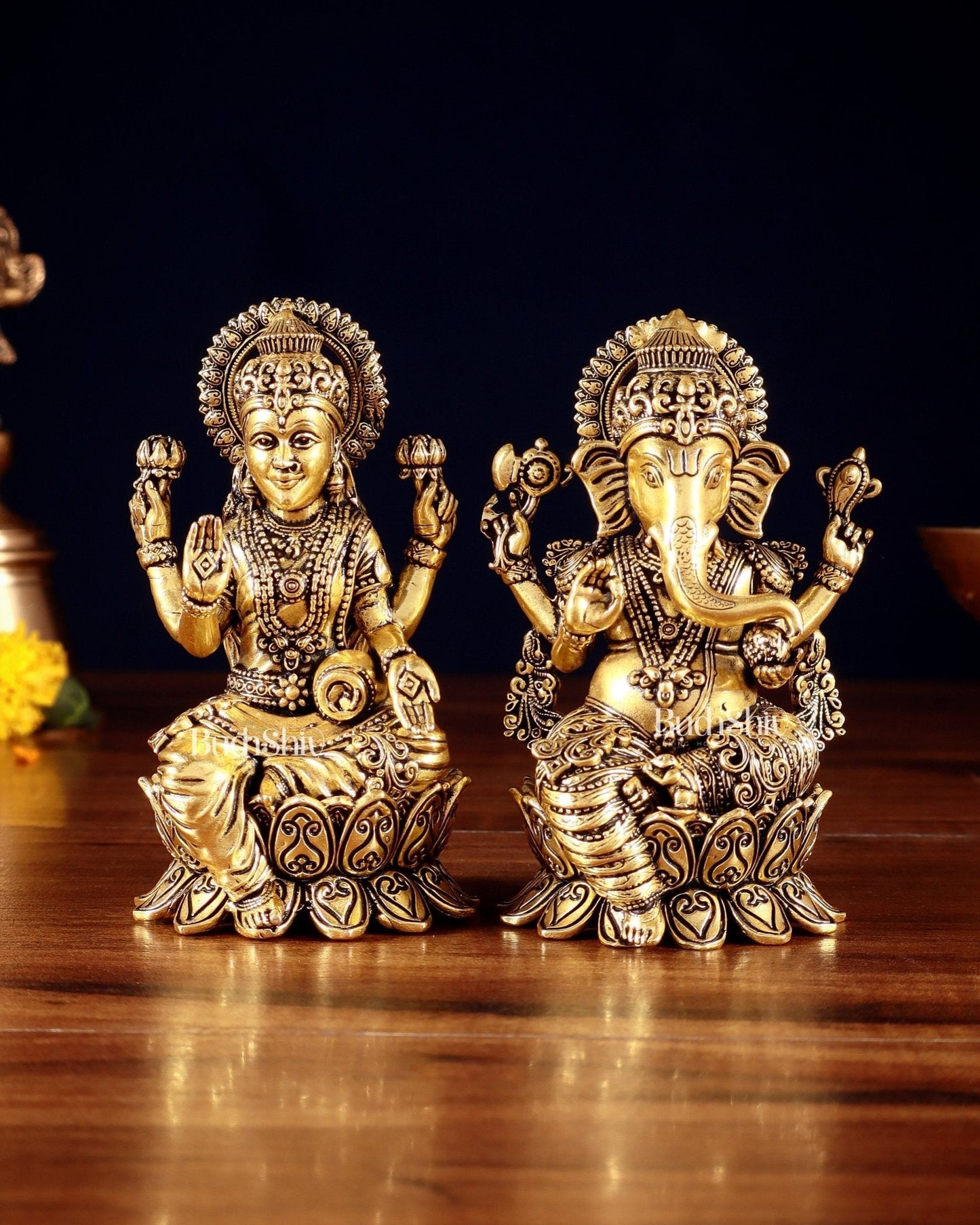 Brass Superfine Miniature Ganesha Lakshmi Duo Lightweight Idols - 4.5" golden tone - Sama Homes Idol - Brass Sculpture