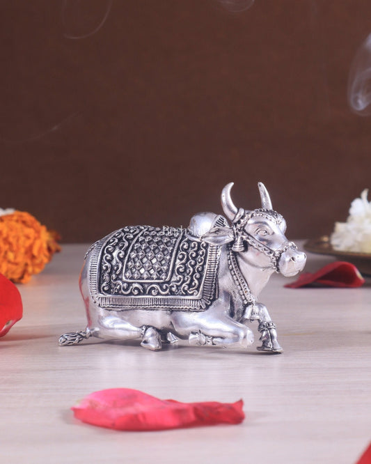 Brass Superfine Miniature Nandi Idol - 4" silver plated - Sama Homes Idol - Brass Sculpture