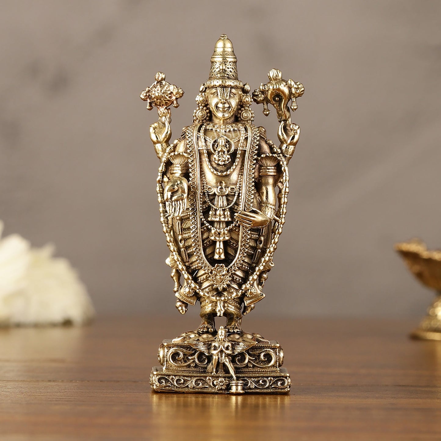 Brass Superfine Miniature Tirupati Balaji Lord Venkateshwara Perumal Idol - 4" - Sama Homes Idol - Brass Sculpture