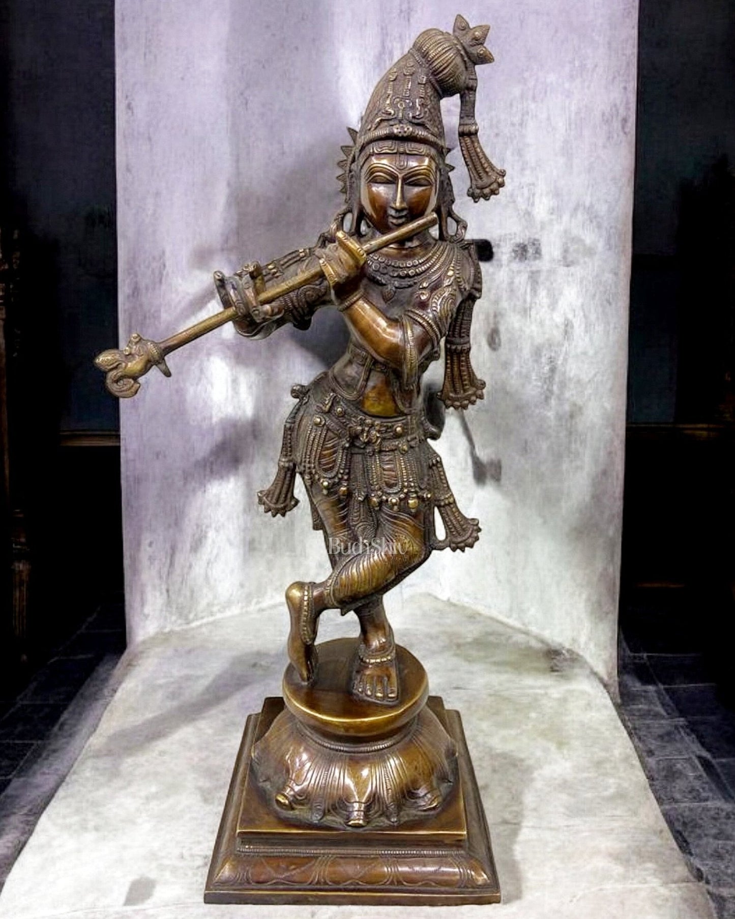 Brass Superfine Mukuta Krishna Sculpture with Unique Crown & Stance - 23.5" - Sama Homes Idol - Brass Sculpture