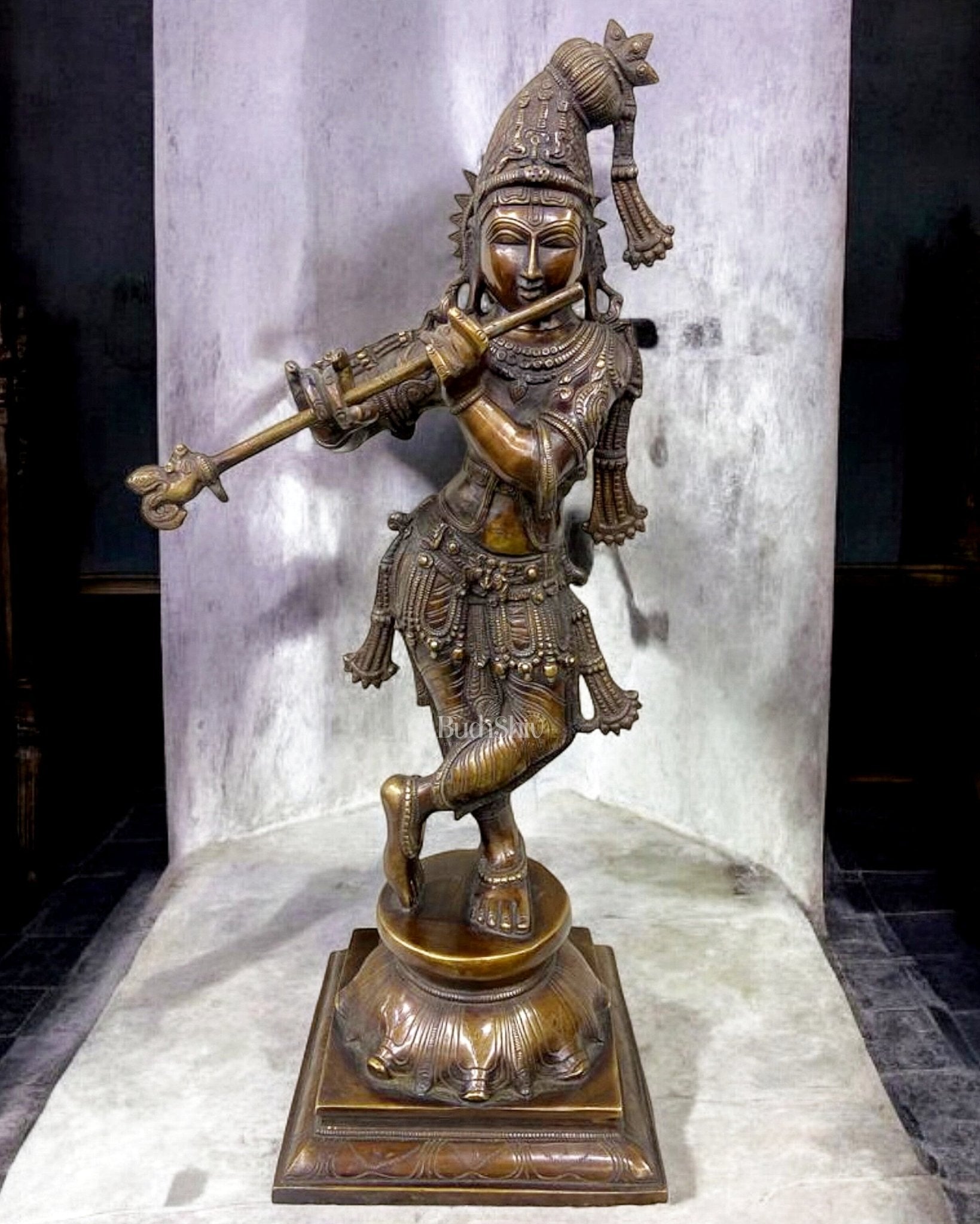 Brass Superfine Mukuta Krishna Sculpture with Unique Crown & Stance - 23.5" - Sama Homes Idol - Brass Sculpture - Eco-friendly - Sama Homes