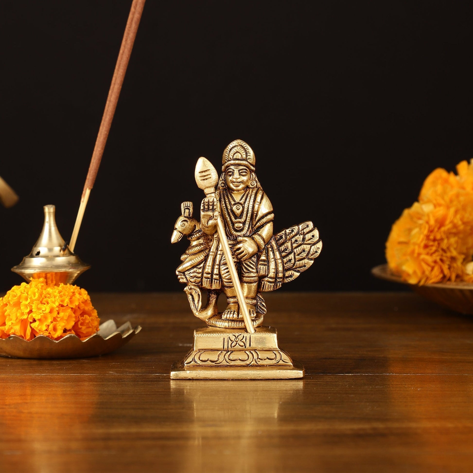 Brass Superfine Murugan Sitting on Peacock Idol - 3.2" Divine Sculpture - Sama Homes Idol - Brass Sculpture - Eco-friendly - Sama Homes