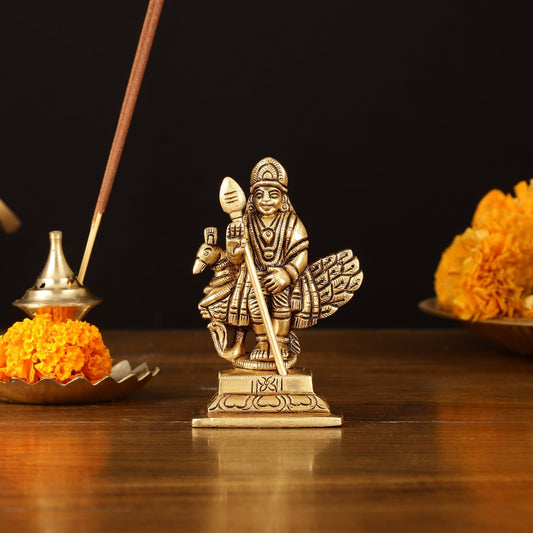 Brass Superfine Murugan Sitting on Peacock Idol - 3.2" Divine Sculpture - Sama Homes Idol - Brass Sculpture