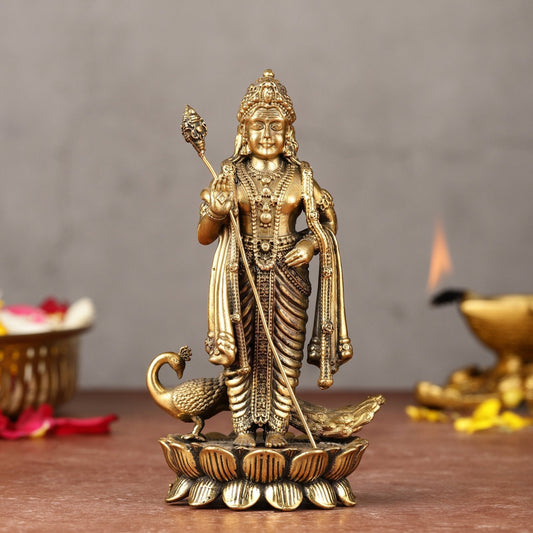 Brass Superfine Murugan Swamy Kartikeya with Peacock Idol | 6.5" - Sama Homes Idol - Brass Sculpture