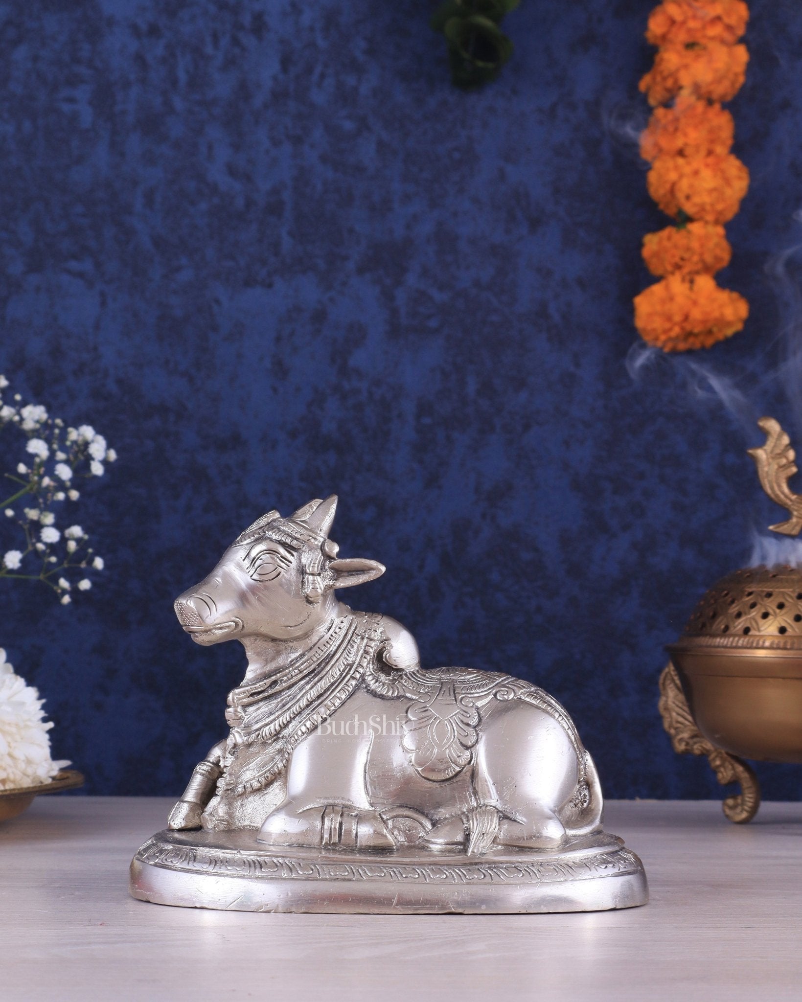 Brass Superfine Nandi Bull Idol | 5.5 inch silver plated - Sama Homes Idol - Brass Sculpture - Eco-friendly - Sama Homes